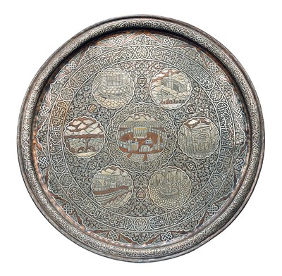 19th century very rare and large Mamluk Revival silver and gold inlaid tray
