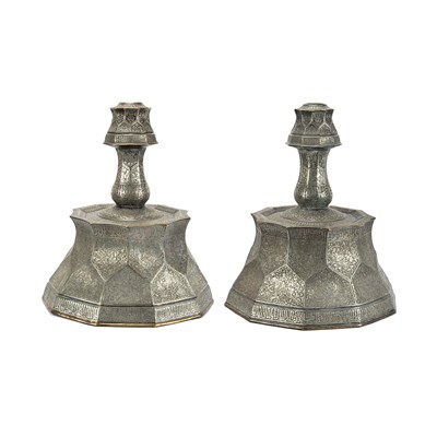 Early 20th century pair of Mamluk revival brass inlaid with silver candle holder