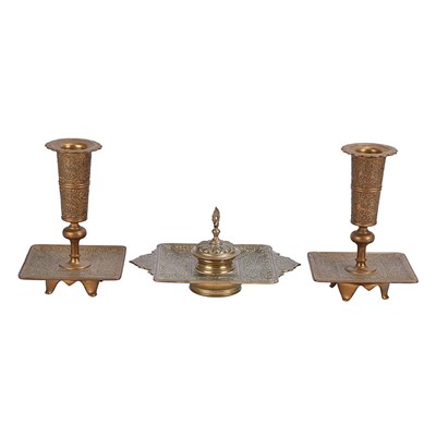 A late 19th century English brass desk accessory set.