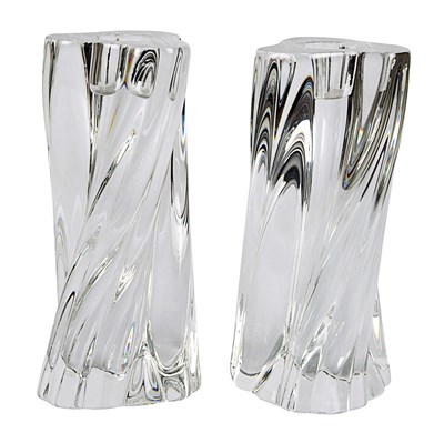 A late 20th century pair of crystal glass candle holders.