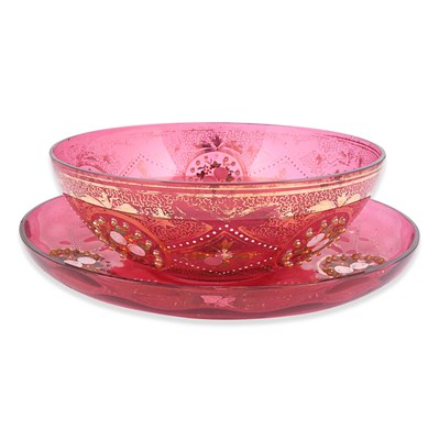 Late 19th century Bohemian ruby red glass jeweled and gilded enamel bowl and plate