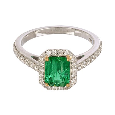 18K White Gold Emerald Cut Emerald & Round Brilliant Diamond Ring with Certificate